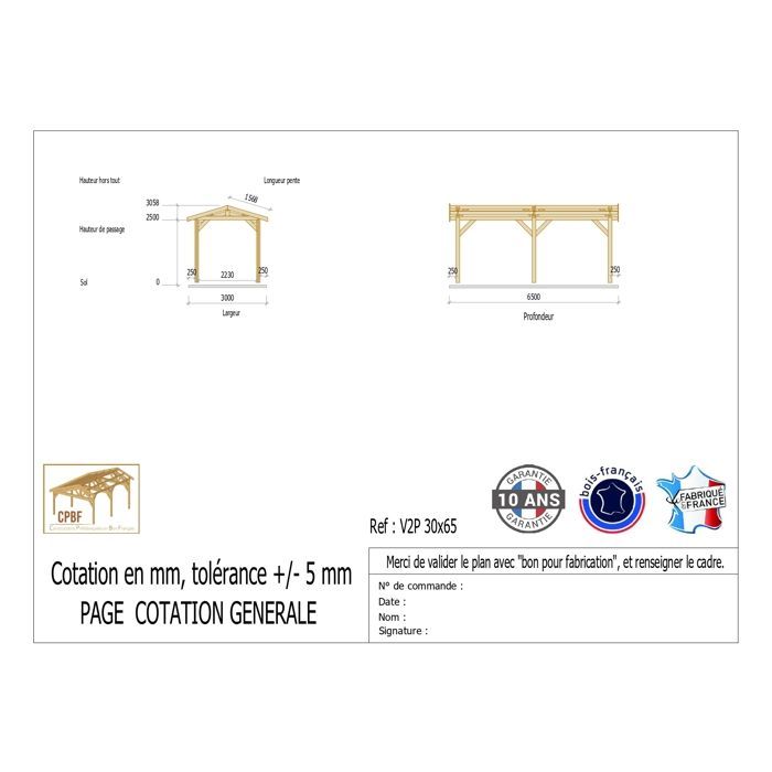 Carport aus französischer Douglasie, 20 m² – 2 Dachflächen – 6 Pfosten – Unterstand für Ihr Auto im Freien – 10 Jahre Garantie