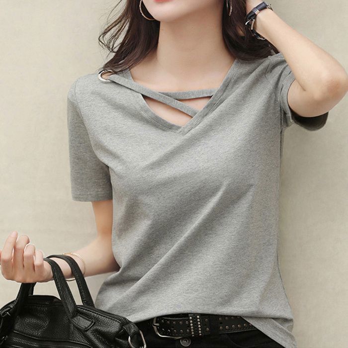 Camiseta de mujer, camiseta de verano de manga corta con cuello en V, camiseta casual chic y elegante para mujer con diseño único - Gris