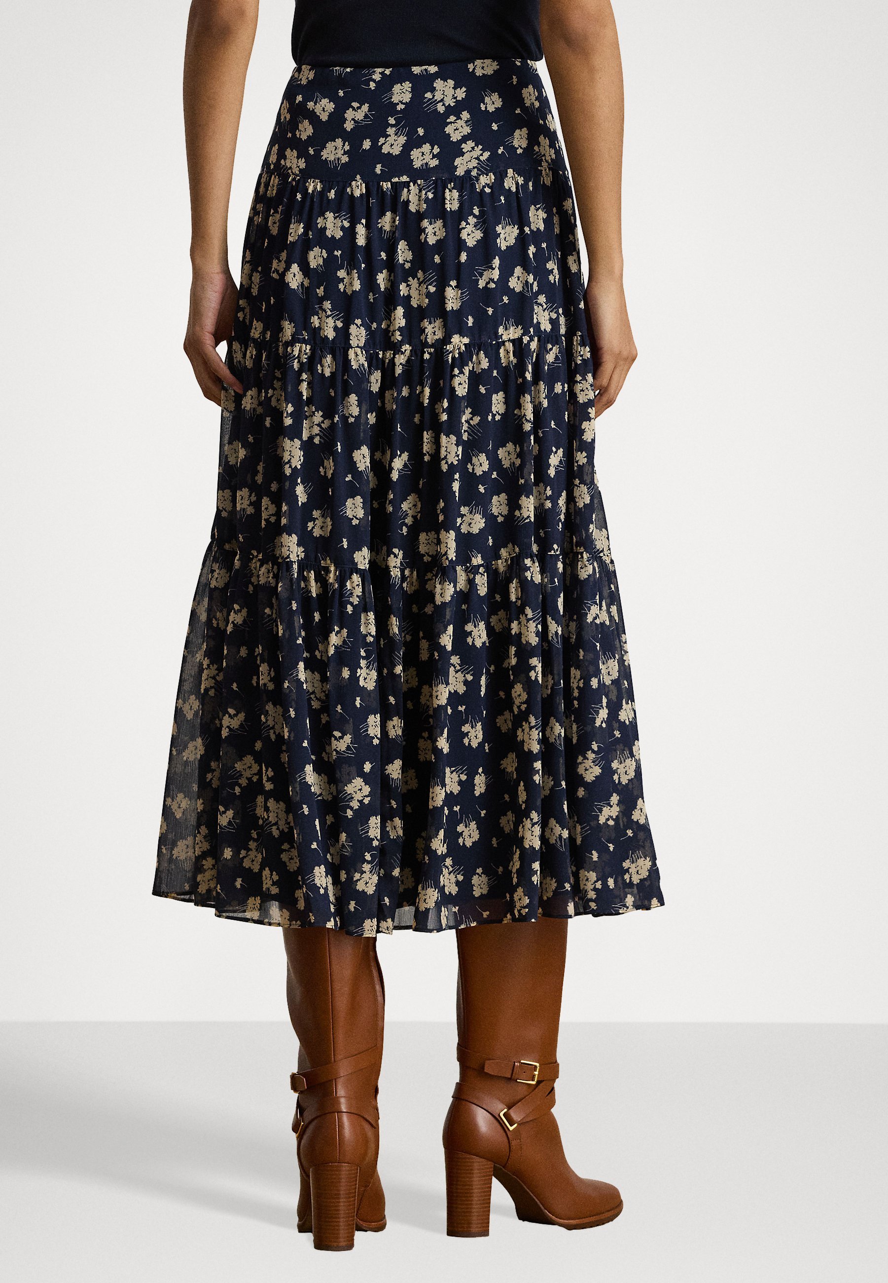 Jupe à volants en georgette froissée à fleurs Lauren Ralph Lauren - Coupe trapèze - Bleu marine/crème