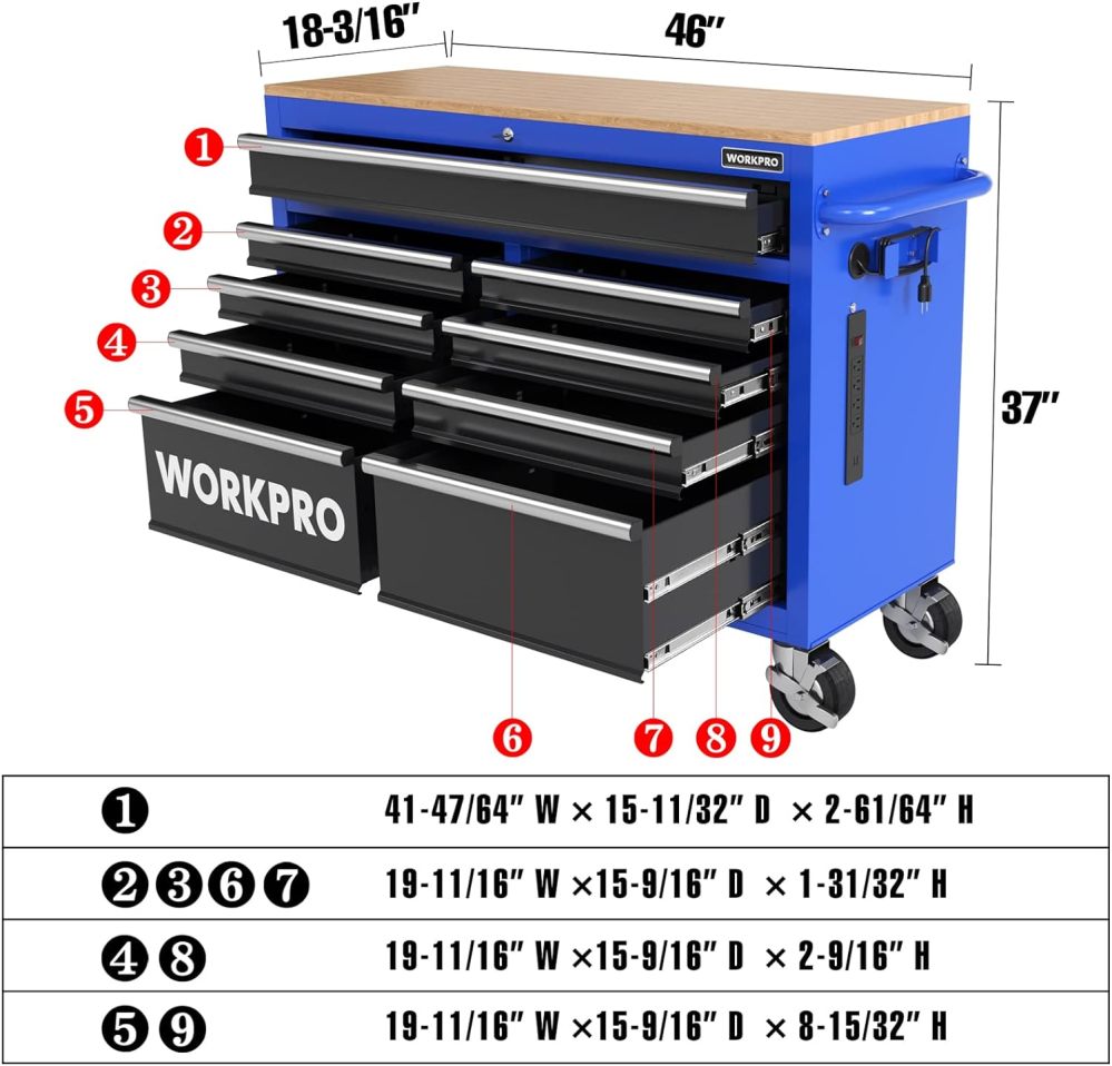 Skrzynia narzędziowa WORKPRO 46 cali, 9 szuflad, mobilna szafka do przechowywania narzędzi z drewnianym blatem, wyposażona w kółka, uchwyt, wkładkę szuflady i system blokowania, udźwig 1200 funtów