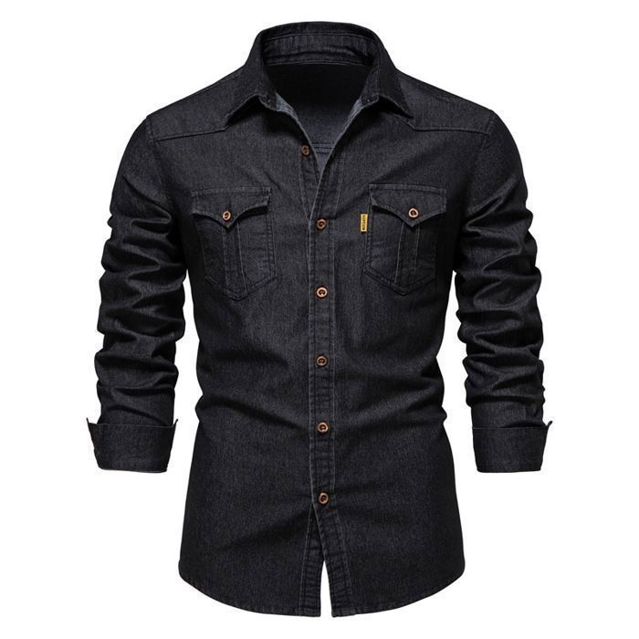 Men's Shirt - Henley Shirts - Slim Fit - Black Denim