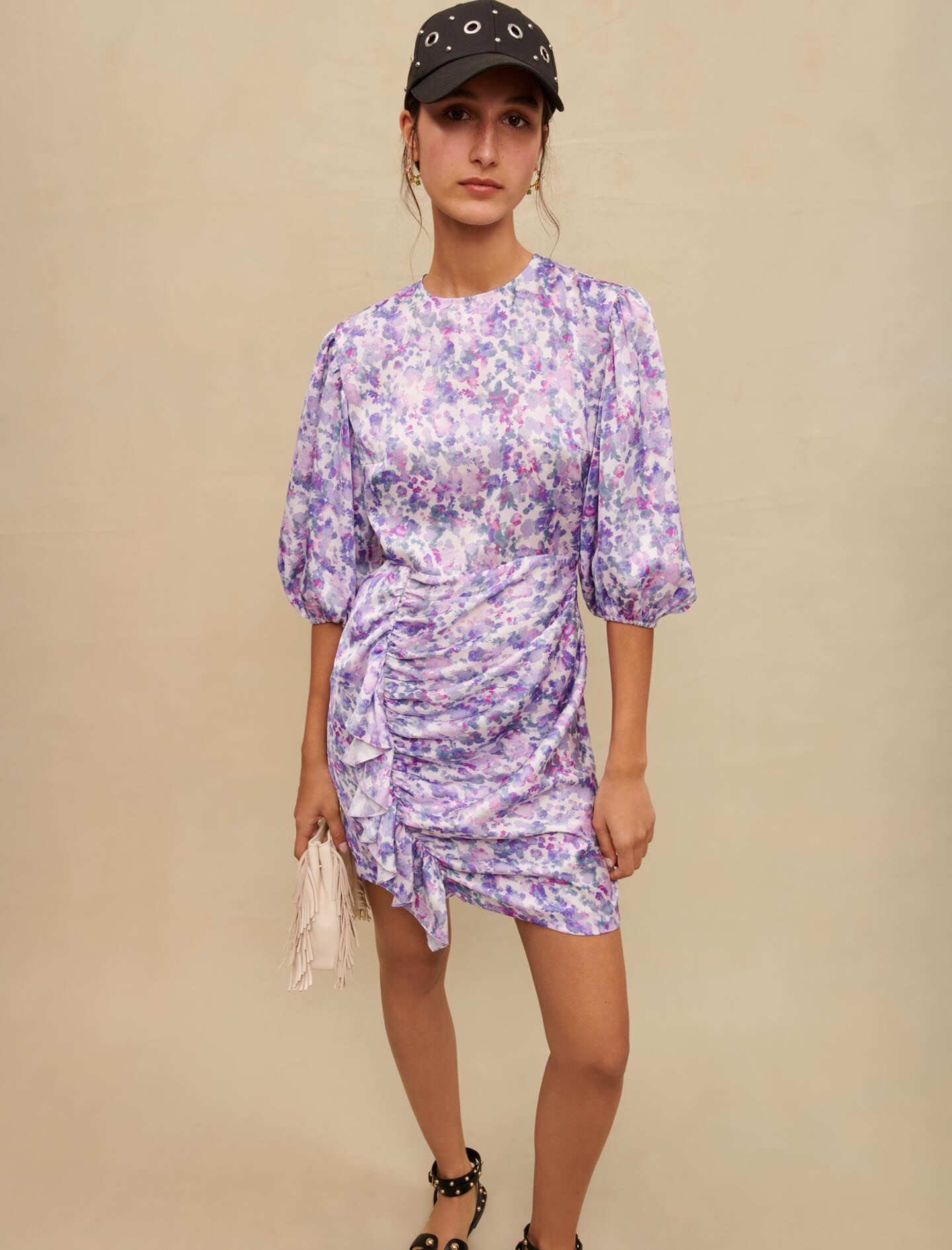 Korte gedrapeerde jurk met bloemen - Fleurs buvard