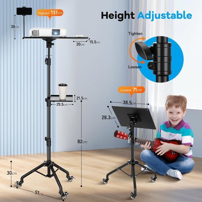 Supporto per proiettore su treppiede - ZGEER - Regolabile da 71 a 137 cm - Rotazione a 180° - Portata massima 14 kg - Ruote con freno