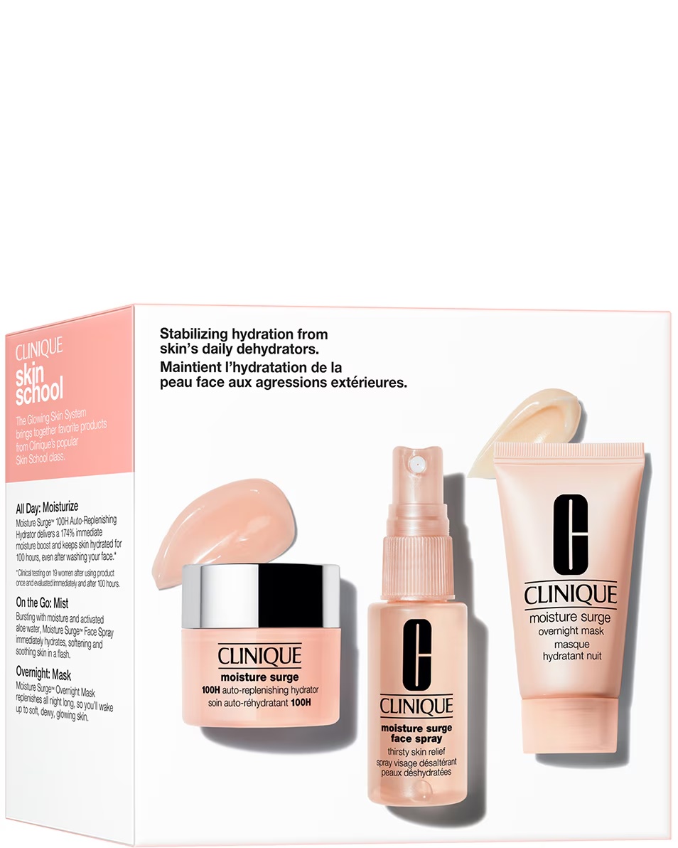 RECHIZITE ȘCOLARE CLINIQUE SKIN: SET CADOU ESENȚIALE PENTRU O TEN STRĂLUCITOR - ÎNGRIJIRE HIDRATANTĂ - FORMAT DE CĂLĂTORIE