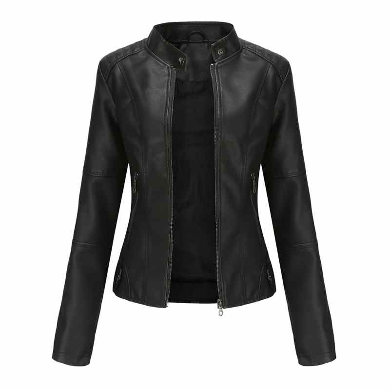 Giacca da donna in similpelle tinta unita, maniche lunghe, collo alto, cerniera, vestibilità slim, autunno/inverno 2022.