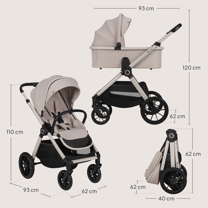 Poussette combinée 2en1 LIONELO Layla - Naissance jusqu'à 22kg - Pack poussette Duo, Nacelle, sac et accessoires - Beige