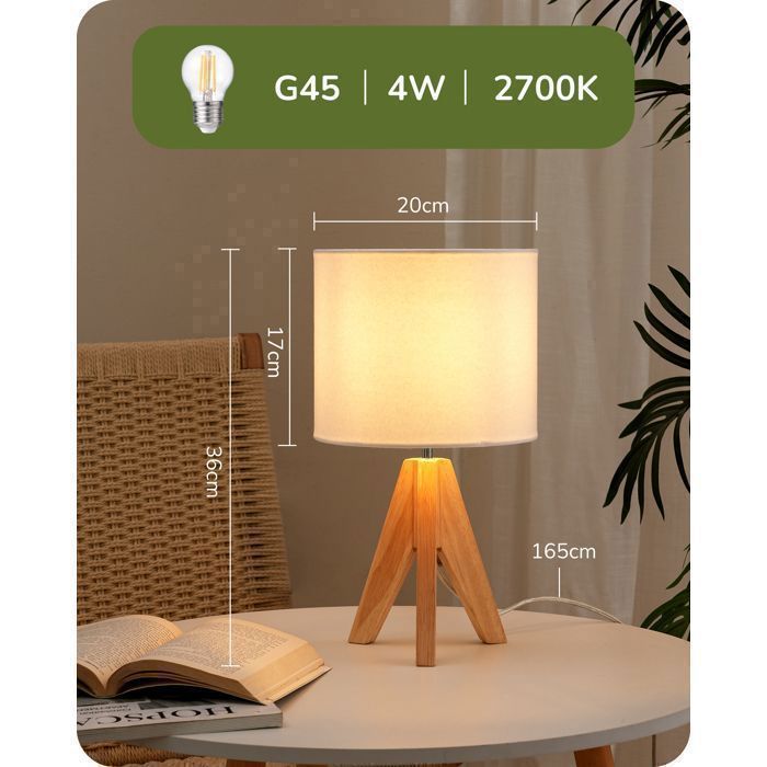Lampe à poser Lot de 2 Bois avec Abat-Jour en Lin Blanc, Douille E27, Ampoule Incluse