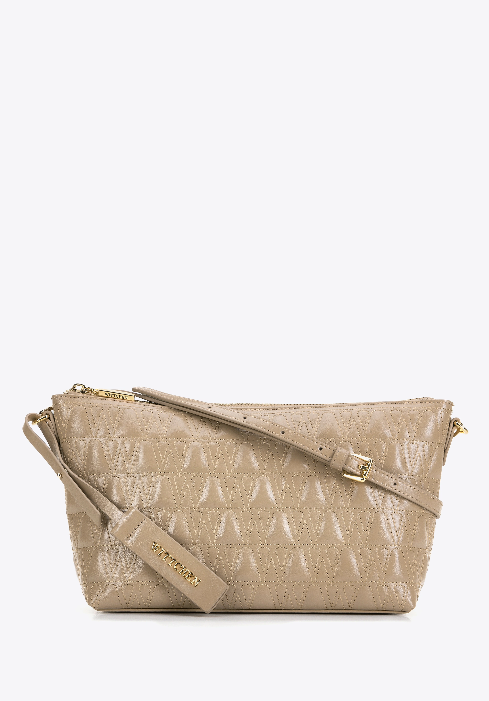 Damska torebka crossbody ze skóry z przeszyciami beżowa