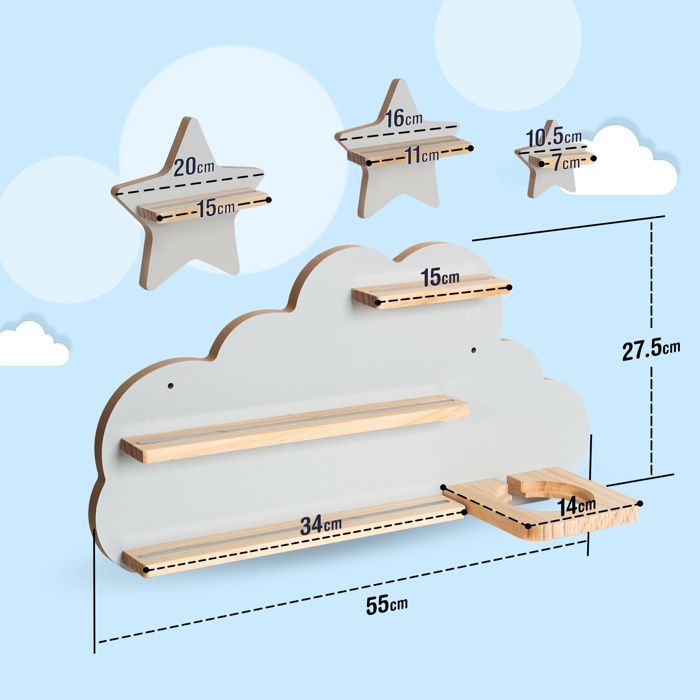 Estante magnético para Tonie Box y Tonies, con capacidad para 20-25 Tonies, estante de pared con forma de caja de música, color gris nube y estrella.
