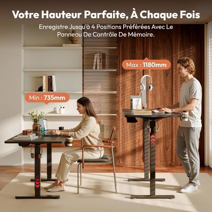 SANODESK Bureau Assis Debout, Plateau Complet110x54cm, Système Anti-Collision, Fonctions Mémoires, Crochet/Porte-gobelet, Noir