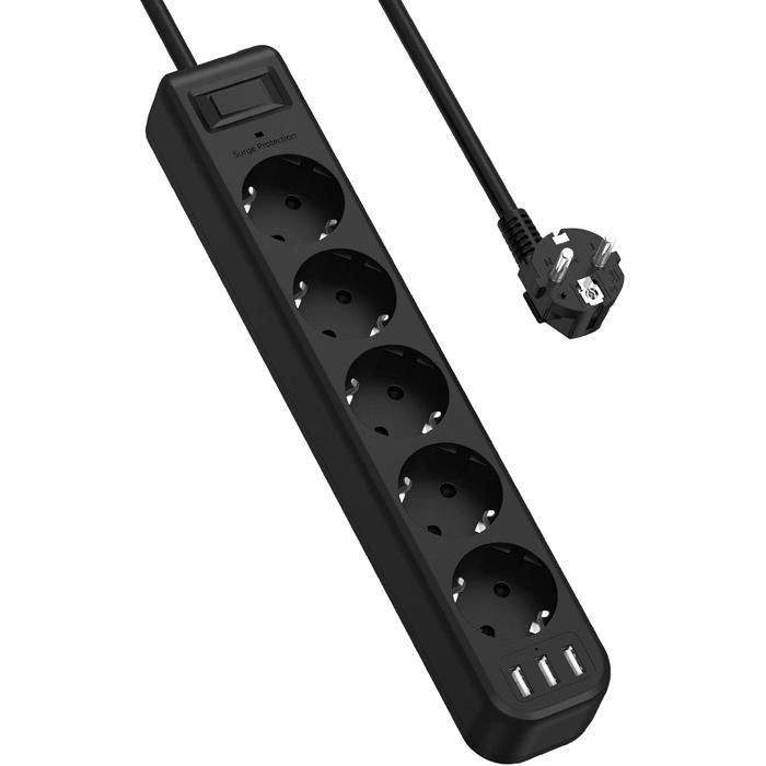 Regleta protectora contra sobretensiones con 5 tomas USB, 3 puertos USB y cargador de viaje (5V 2.4A/12W) - Regleta protectora contra sobretensiones