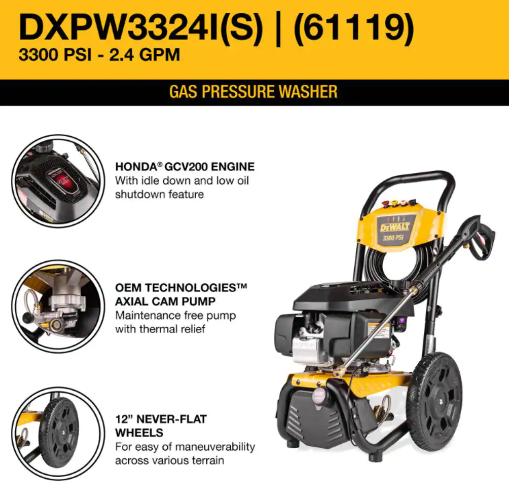 Lavadora de alta pressão DEWALT 3300 PSI 2,4 GPM com água fria e motor HONDA GCV200