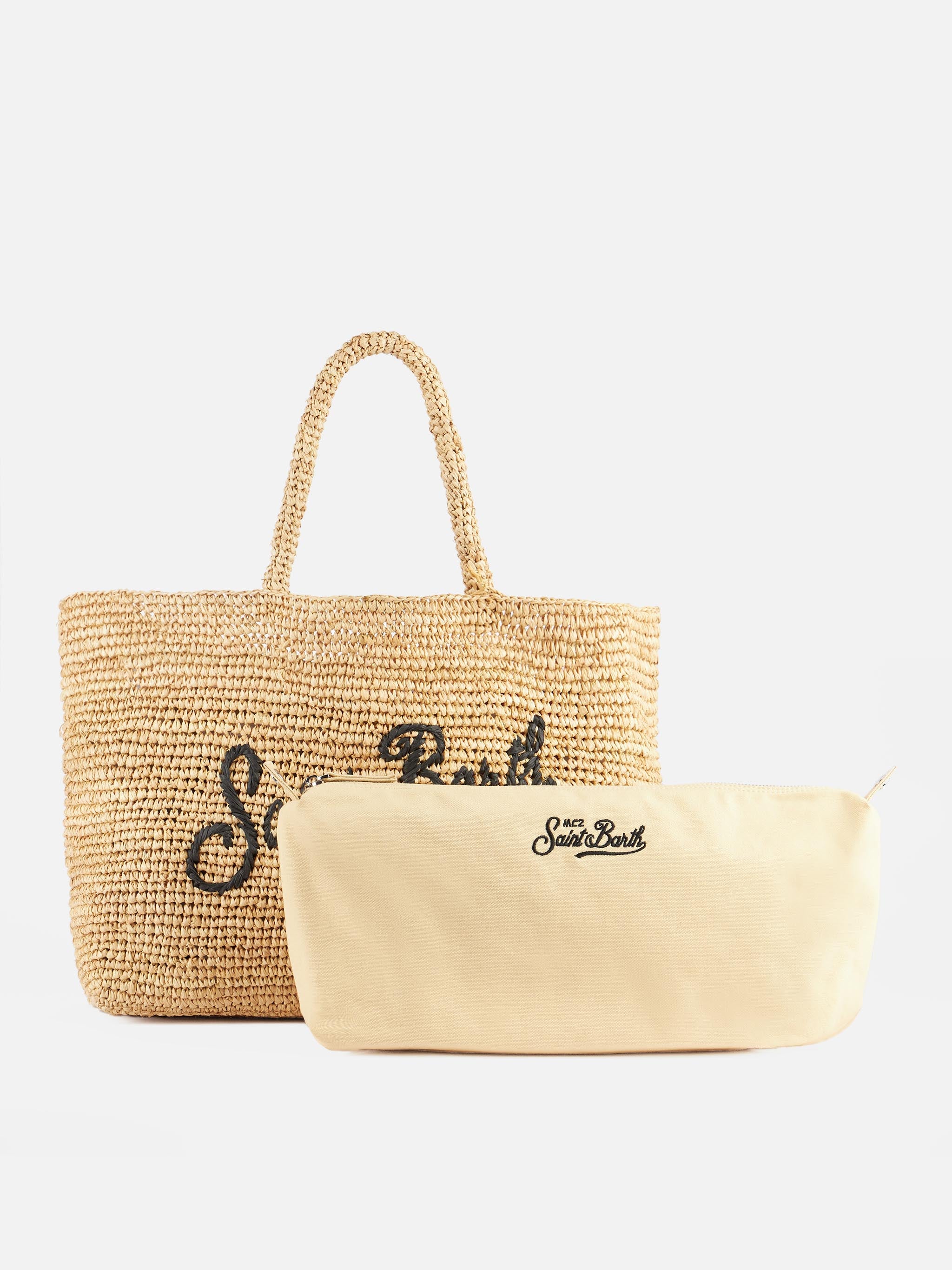Raffia strandtas met afneembaar katoenen etui - Natuurlijke beige tas met logo-borduurwerk | MC2 Saint Barth