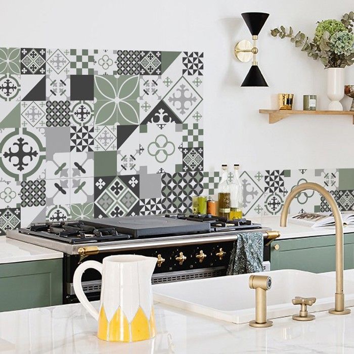 Salpicadero de cocina de aluminio con efecto de azulejo de cemento verde - 200x20 cm (en 2 tiras) - 99 Déco