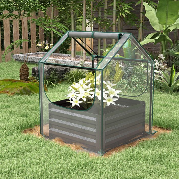 Raised garden bed with mini greenhouse - Outsunny - galvanized steel - for garden, balcony, terrace - 70 x 70 x 90 cm - dark grey