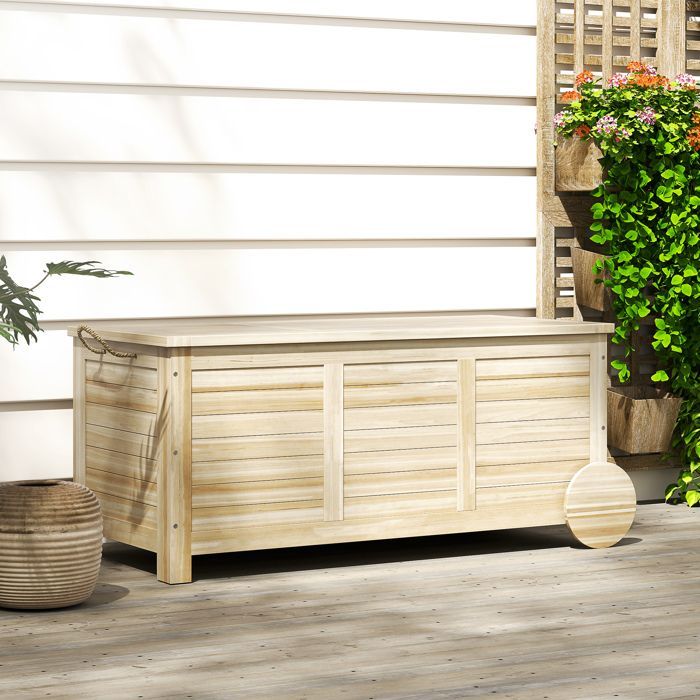 Caja de almacenamiento exterior Outsunny - 185 L - con ruedas y revestimiento interior - de madera - 110 x 50 x 50 cm - madera natural