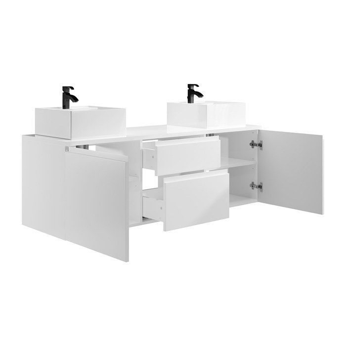 Móvel de banheiro suspenso com pia dupla e espelhos - Branco - 150 cm - JIMENA II
