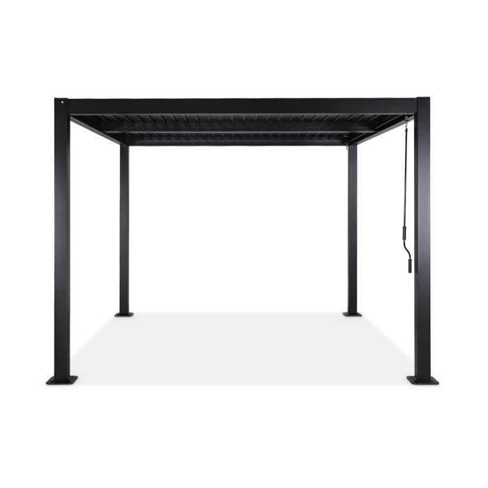 Pérgola bioclimática negra. Aluminio y acero. 3x3 m. Lamas ajustables.