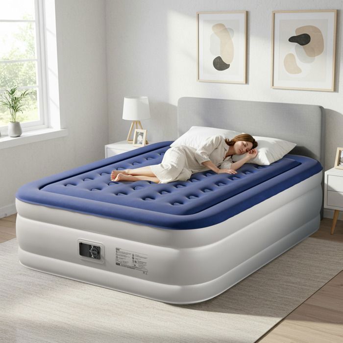 Materassino gonfiabile per 2 persone, con pompa elettrica integrata e superficie morbida floccata, ideale per campeggio, casa e ospiti, dimensioni 203 x 153 x 45 cm.