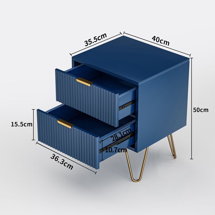 Table de Chevet & Appoint - Bleu Navy - 2 Tiroirs Modulables - Pieds Métalliques Dorés - Design Contemporain