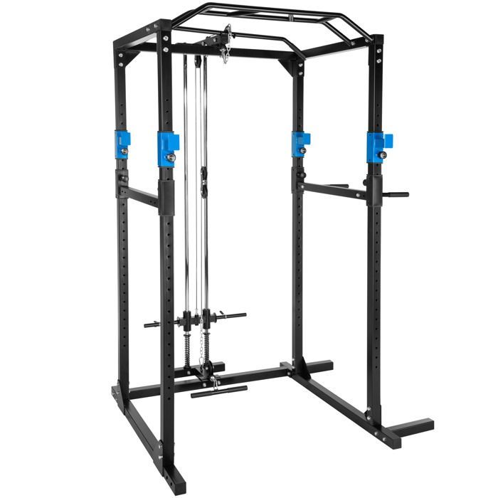 Entrenamiento con pesas - TECTAKE - Jaula de levantamiento de pesas con sistema de poleas, barras de acero superior e inferior - Negro/Azul