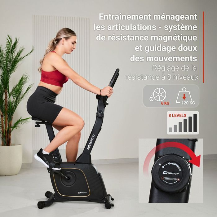 Bicicleta ergométrica Hop-Sport Connected, HS-3000H Nexon com resistência magnética de 8 níveis, Bluetooth e Kinomap, capacidade máxima de 120 kg, preta.