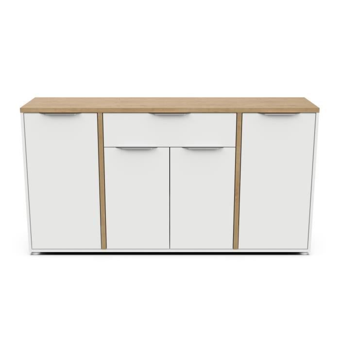 Conjunto de salón ACCESS: Mesa de centro + mueble para TV + aparador de 4 puertas - Acabado en roble Hamilton y blanco