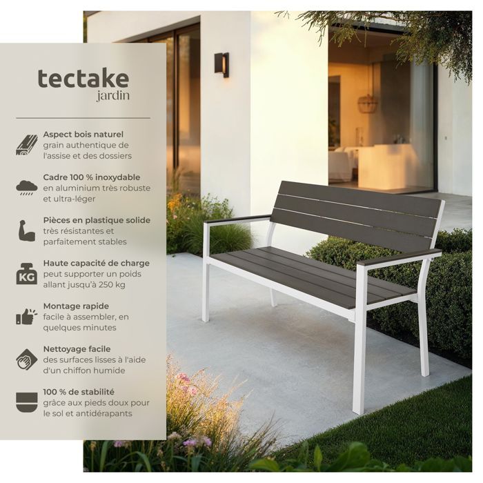 Tuinbank - TECTAKE - LINE 2-zits tuinbank van aluminium met houtlook, 128 x 59 x 88 cm - Lichtgrijs/Wit
