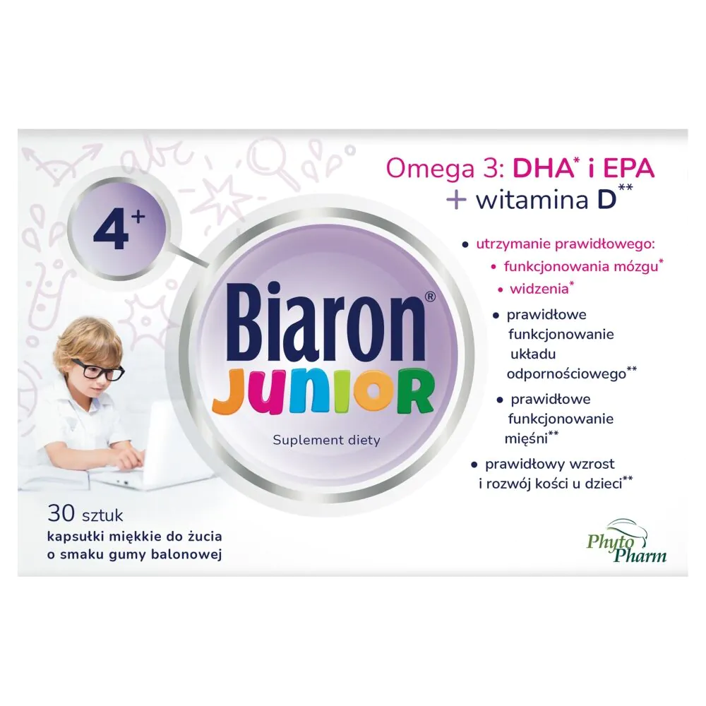 Biaron Junior, Omega-3 + Witamina D dla dzieci powyżej 4. roku życia i dorosłych, Kapsułki miękkie do żucia, Smak gumy balonowej
