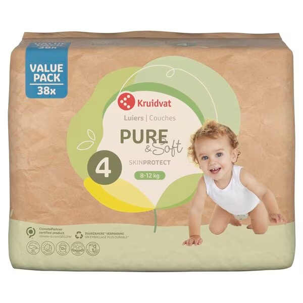 Kruidvat Pure & Soft autiņbiksītes, 4. izmēra, izdevīgs iepakojums<br>4. izmērs (8–14 kg), 38 gab.