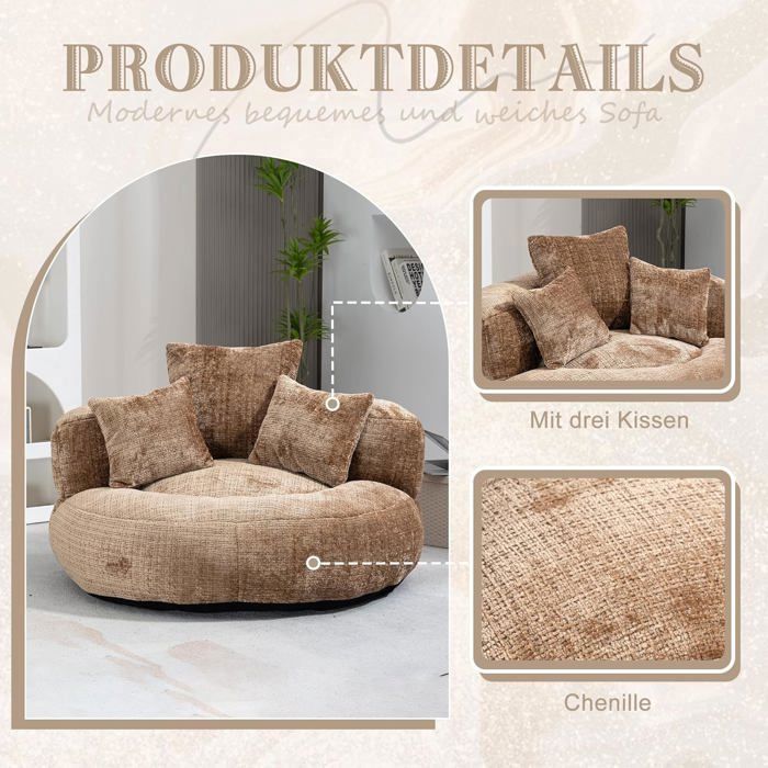Lemonbest Pouf poire avec trois coussins pour, Convient pour la chambre et le salon, Lazy Canapé, 108×108×52 cm - chenille Marron
