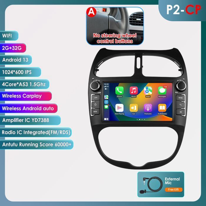 Reproductor multimedia Android para coche de 2+32 GB para PEUGEOT 206 206CC 206SW 2000-2008, unidad principal de audio estéreo GPS, radio para coche Carplay FM