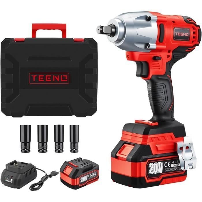 Llave de impacto TEENO de 20 V sin escobillas con batería de iones de litio de 4,0 Ah, 4 vasos de impacto, 600 N·m (una batería)