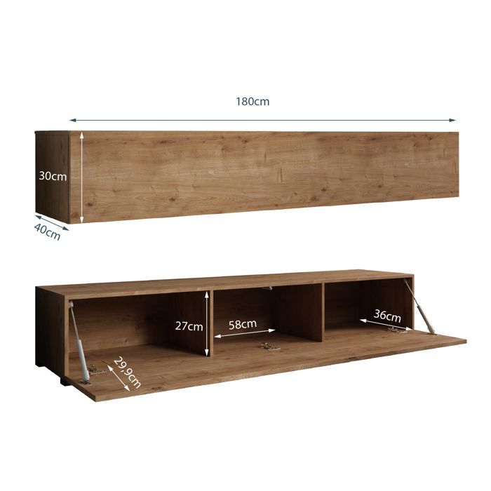 Mueble para TV con patas para salón | 1 puerta con 3 compartimentos | Color roble | Ancho 180 x Profundidad 40 x Alto 32 cm | Modelo Aitana M2