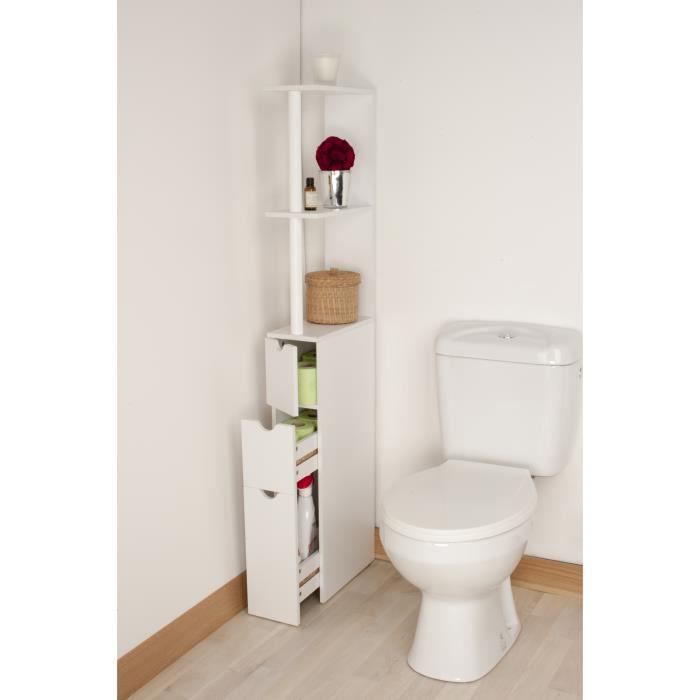 Smalle toilet-/badkamerkast van 15,2 cm, 136 cm hoge kolom van wit melaminehout - 3 planken + kast + 2 lades