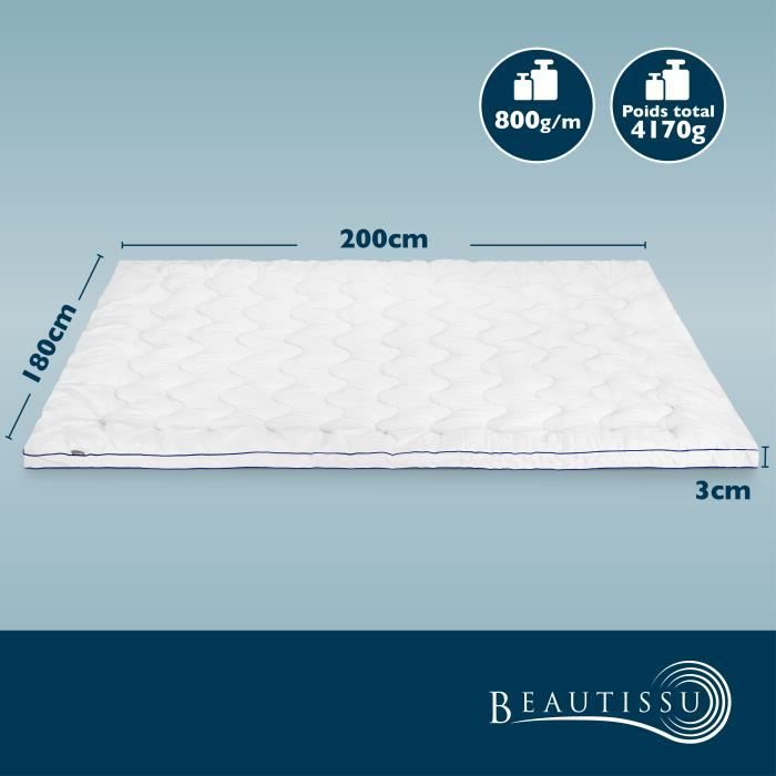 Beautissu BeauNuit MT Base Surmatelas avec Housse Intégrée 180x200 cm - Rembourrage en Mousse de 3 cm pour et Matelas jusqu'à 30 cm