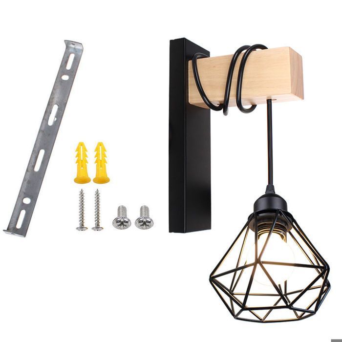 COUNT Vintage Industrial Loft Indoor Wall Sconce, 2pcs Retro Cage Wall Sconce in Black Metal and Wood for Living Room, Bar, Cafe