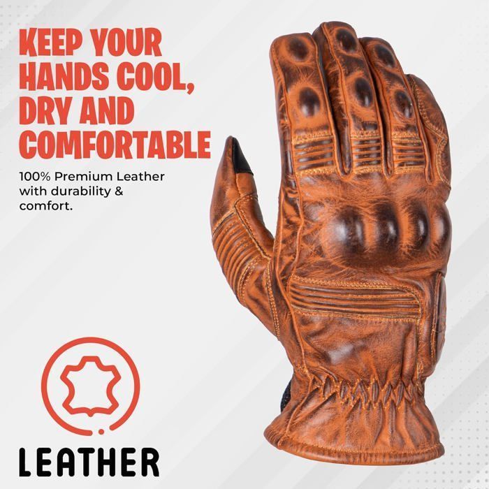 Guantes impermeables para moto ADM con pantalla táctil, ideales para motocross y quads, con aspecto vintage desgastado, color marrón.