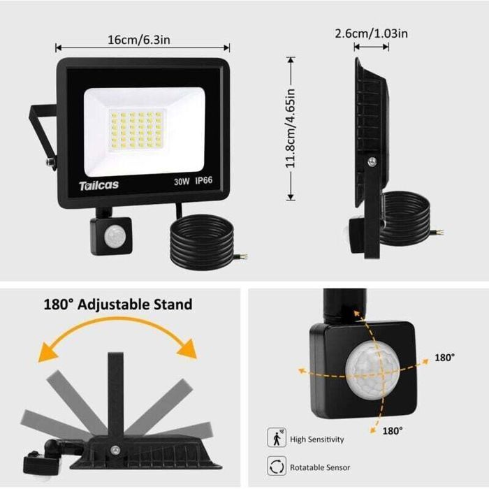 Foco LED para exteriores - SHI - 100W - Detector de movimiento - Luz blanca fría 6500K - 36 focos LED - 2700 lm