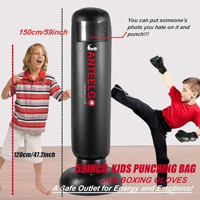 Saco de boxeo infantil con guantes: Saco de boxeo inflable JanTeelGO de 150 cm para niños, ideal para kárate - Saco de boxeo infantil-B1