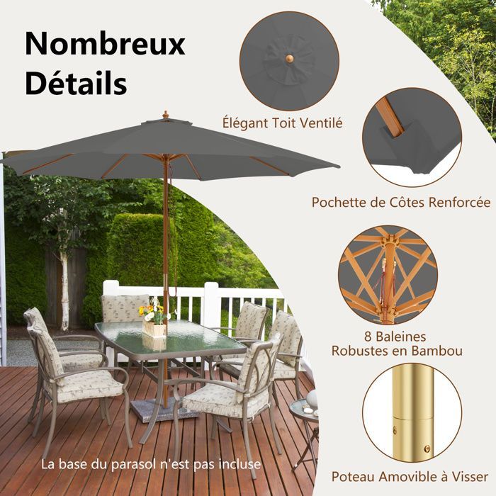 COSTWAY Parasol de Terrasse en Bois de 300 cm, avec 8 Baleines en Bambou, 3 Hauteurs Réglables, Poulie de Levage à Corde, Gris