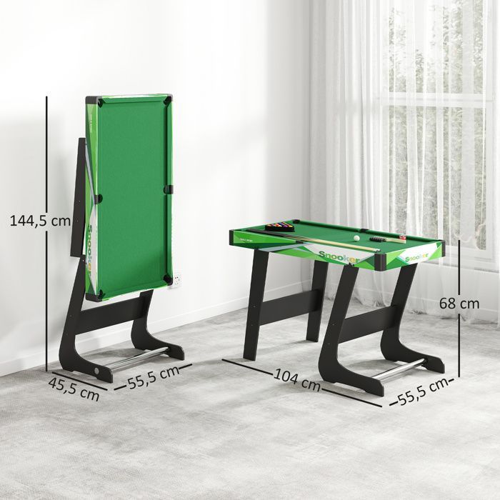 Mesa de bilhar SPORTNOW - Mesa dobrável americana compacta com acessórios, 2 tacos, 16 bolas, triângulo e giz - 104x55,5x68cm - Verde