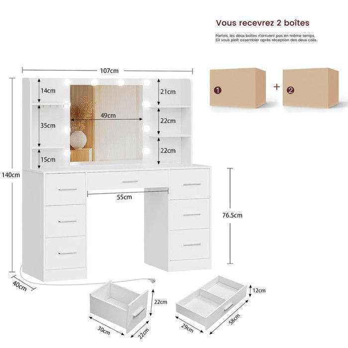 TEENFON Coiffeuse avec miroir et station de charge, 10 ampoules LED, Coiffeuse avec 7 tiroirs, 4 étagères, 107X40X140cm, blanc