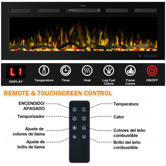 Smart Electric Fireplace - 169 Flame Effects & 13 Colors, 2 Power Settings (750W/1500W), Timer