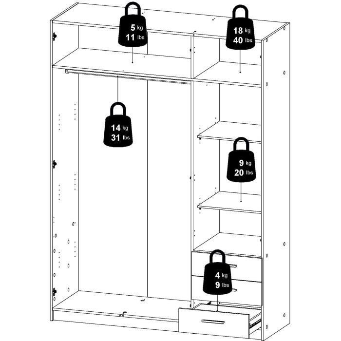 Armoire VEGA - Décor Blanc mat - 3 portes + 3 tiroirs - L 147 x P 49,6 x H 200,4 cm
