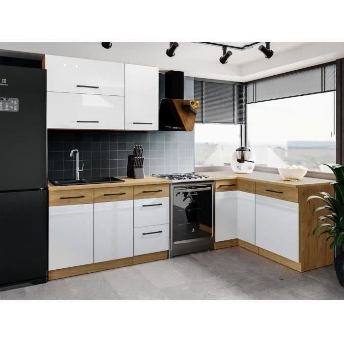 ROCK - Complete hoekkeuken - Lancelot eikenhout en Matera grijs melamine - 270 x 150 cm - Werkblad niet inbegrepen
