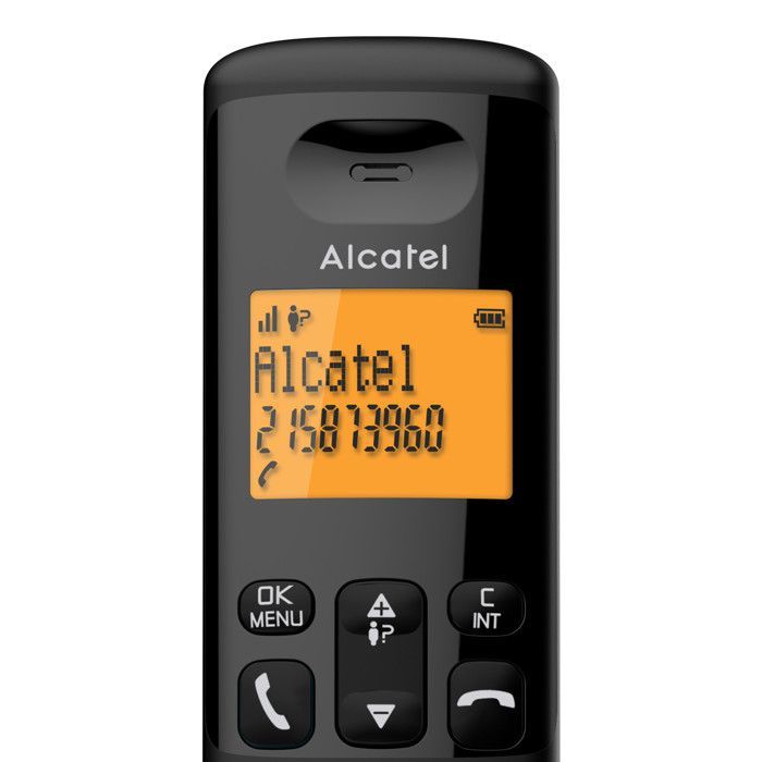 Teléfono inalámbrico DECT Alcatel E160 Duo negro con bloqueo de llamadas no deseadas, pantalla grande retroiluminada naranja, fácil de usar.