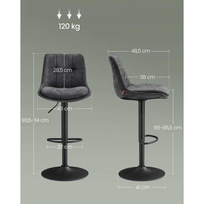 VASAGLE Bar Stools, Set of 4, Kitchen Chairs, Height-Adjustable Swivel Seat with Backrest and Footrest, Steel, Gray