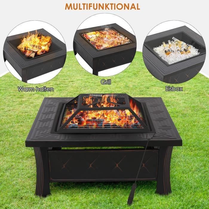 Brasero de exterior ZYQ, brasero cuadrado 3 en 1 para jardín, barbacoa y camping, 81 x 81 x 51 cm