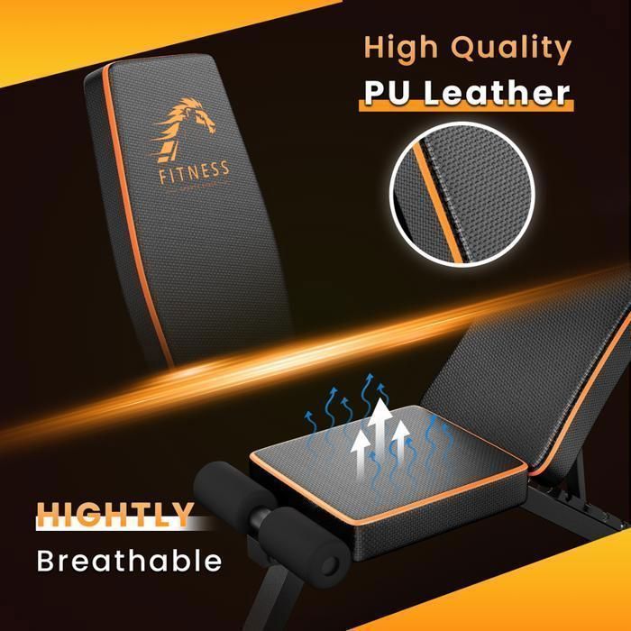 Banco de pesas plegable con cordón ajustable, respaldo ajustable en 7 posiciones, 4 posiciones de asiento, color negro y naranja.